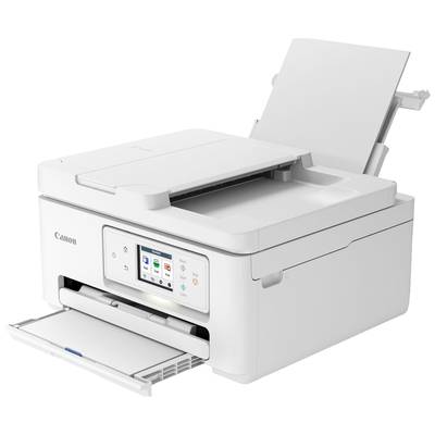 Ein weißer Multifunktionsdrucker mit einem Touchscreen-Display auf der Vorderseite. Papierfächer sind oben und unten sichtbar.