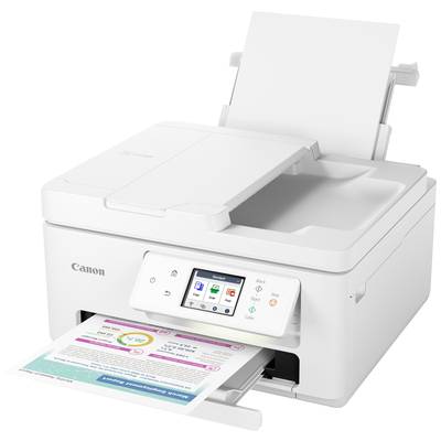 Ein weißer Multifunktionsdrucker mit einem Bedienfeld auf der Vorderseite druckt gerade ein Blatt Papier mit farbigem Text und Grafiken.