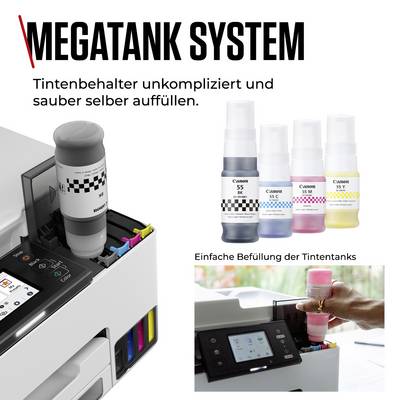 Das Bild zeigt ein Drucker-Tintentanksystem mit fünf nachfüllbaren Farbflaschen und dem Text 'Tintenbehälter unkompliziert und sauber selbst auffüllen'.