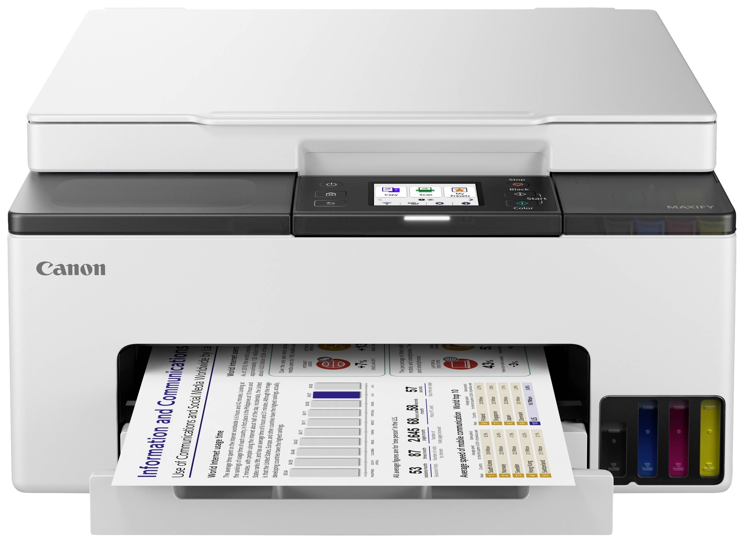 Ein weißer Drucker druckt ein farbiges Dokument mit Grafiken und Text.