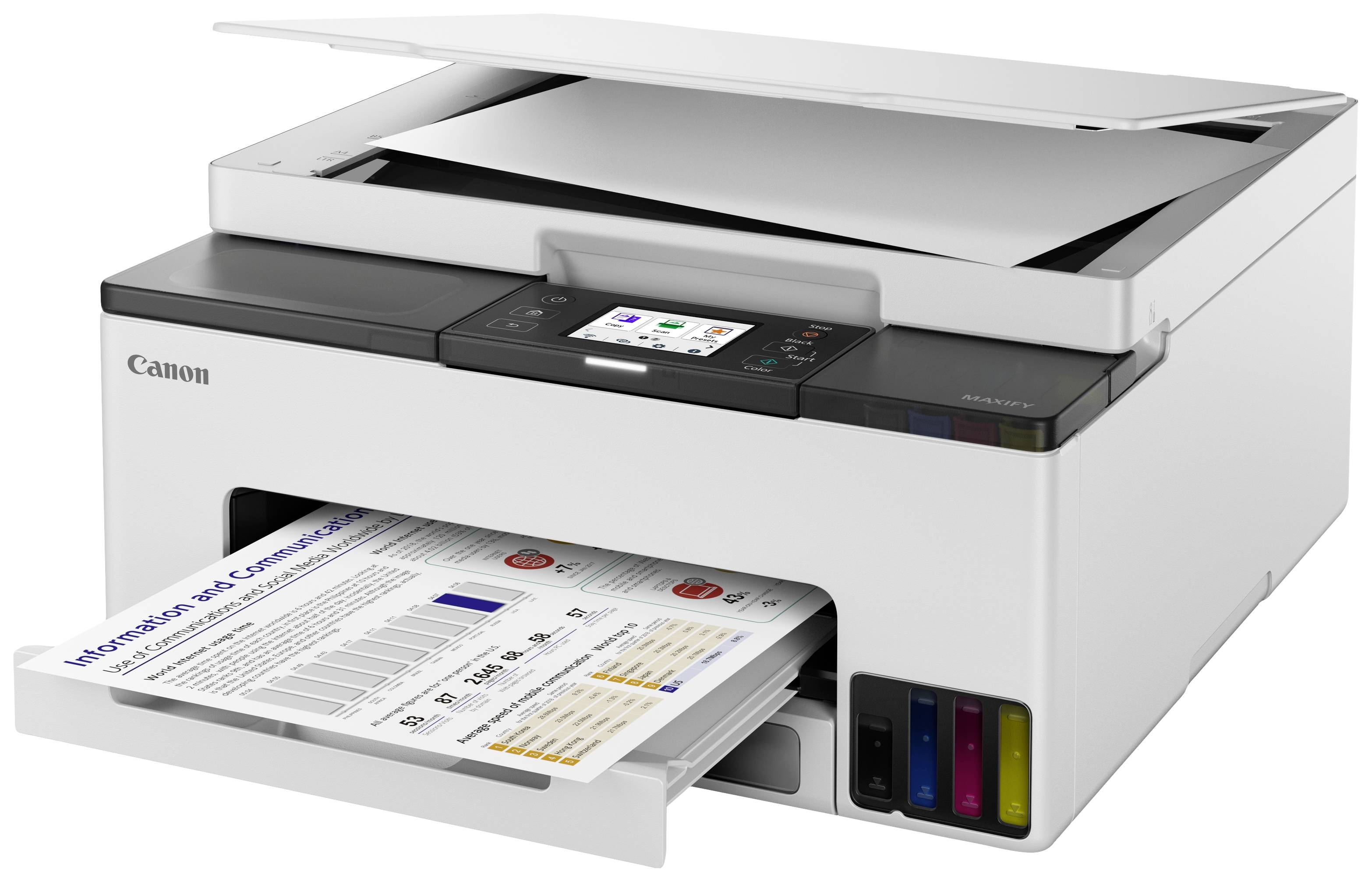 Ein weißer Multifunktionsdrucker druckt ein Dokument mit farbigen Diagrammen und Text. Das Gerät hat ein integriertes Display.