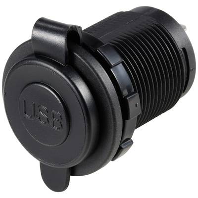 Ein runder, schwarzer USB-Anschlussdeckel mit Klappverschluss, oft verwendet in Fahrzeugen oder elektronischen Geräten zum Schutz vor Staub und Feuchtigkeit.