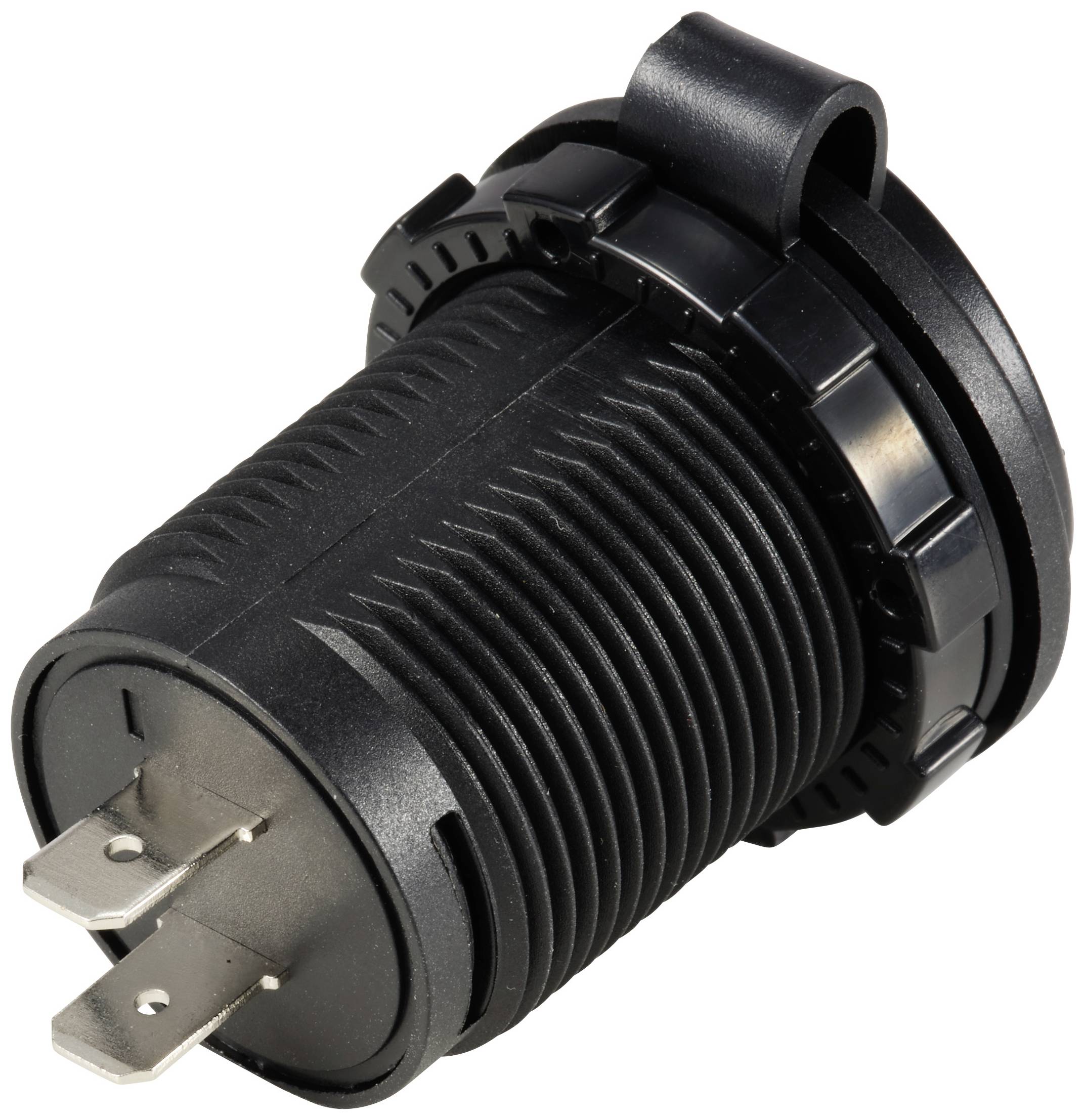 Ein schwarzer, zylindrischer Steckverbinder mit zwei Metallkontakten und einer Befestigungskappe.