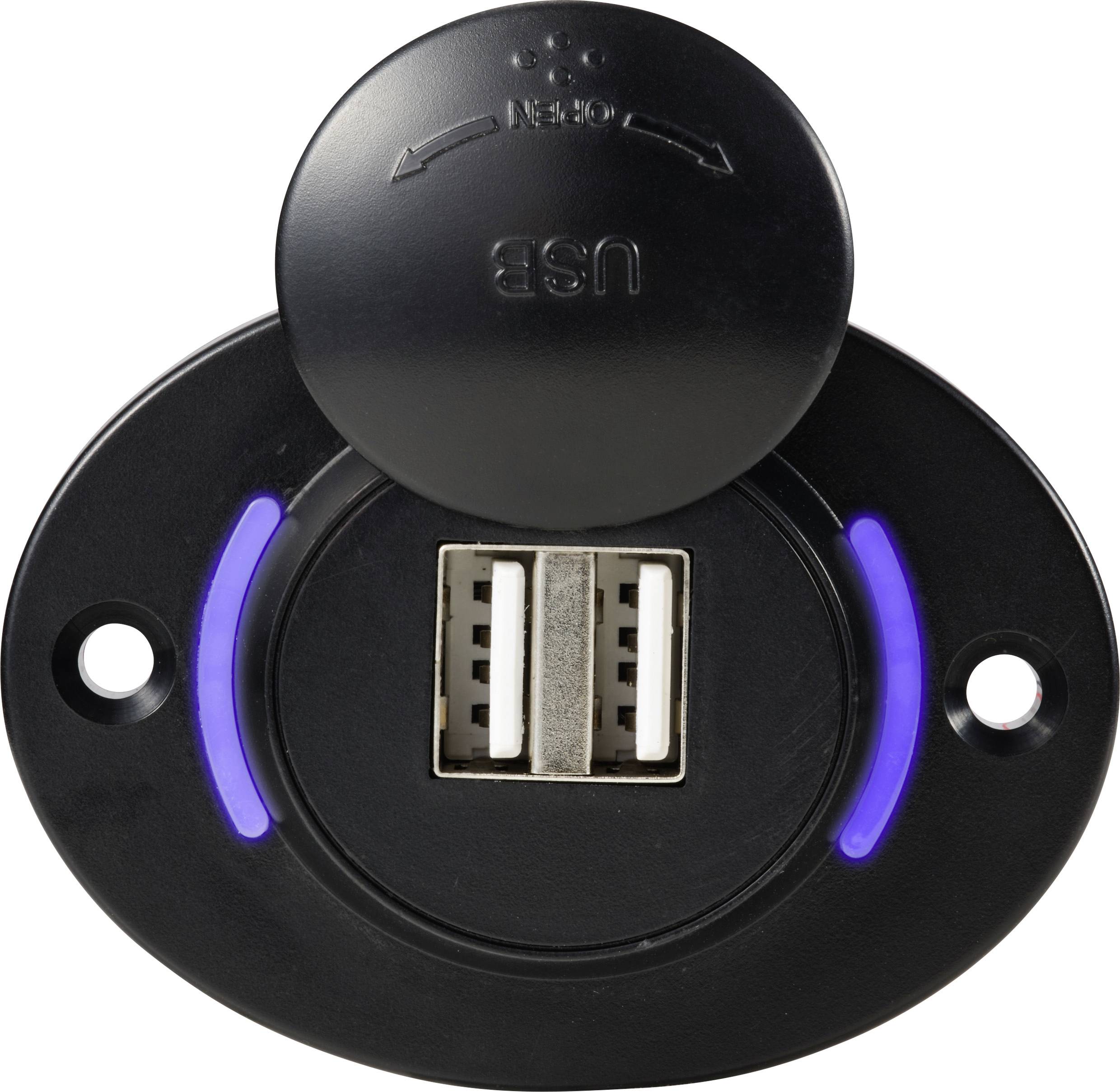 Schwarzes USB-Ladegerät mit zwei USB-Anschlüssen. Eine Abdeckung ist teilweise geöffnet. Blaue Lichter zeigen Betriebsbereitschaft an.