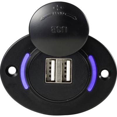 Schwarzes USB-Ladegerät mit zwei USB-Anschlüssen. Eine Abdeckung ist teilweise geöffnet. Blaue Lichter zeigen Betriebsbereitschaft an.