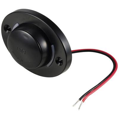 Ein schwarzer runder USB-Anschluss mit zwei herausragenden Kabeln, einem roten und einem schwarzen, zur elektrischen Verbindung.