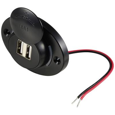 Schwarzer USB-Anschluss mit Abdeckung und zwei freiliegenden Kabeln für Stromversorgung.