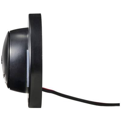 Seitliche Ansicht einer schwarzen Überwachungskamera mit abstehendem Kabel.