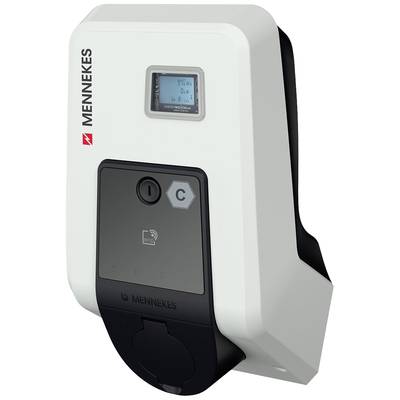 Eine weiße Mennekes Ladestation für Elektrofahrzeuge mit digitalem Display. Links das Logo, rechts ein großes C mit einem Knopf darunter.
