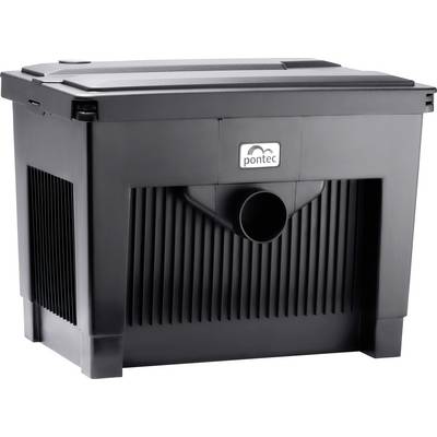 Ein schwarzer Pontec Teichfilter mit geripptem Design und zentralem Auslass, auf dessen Vorderseite das Pontec-Logo zu sehen ist.