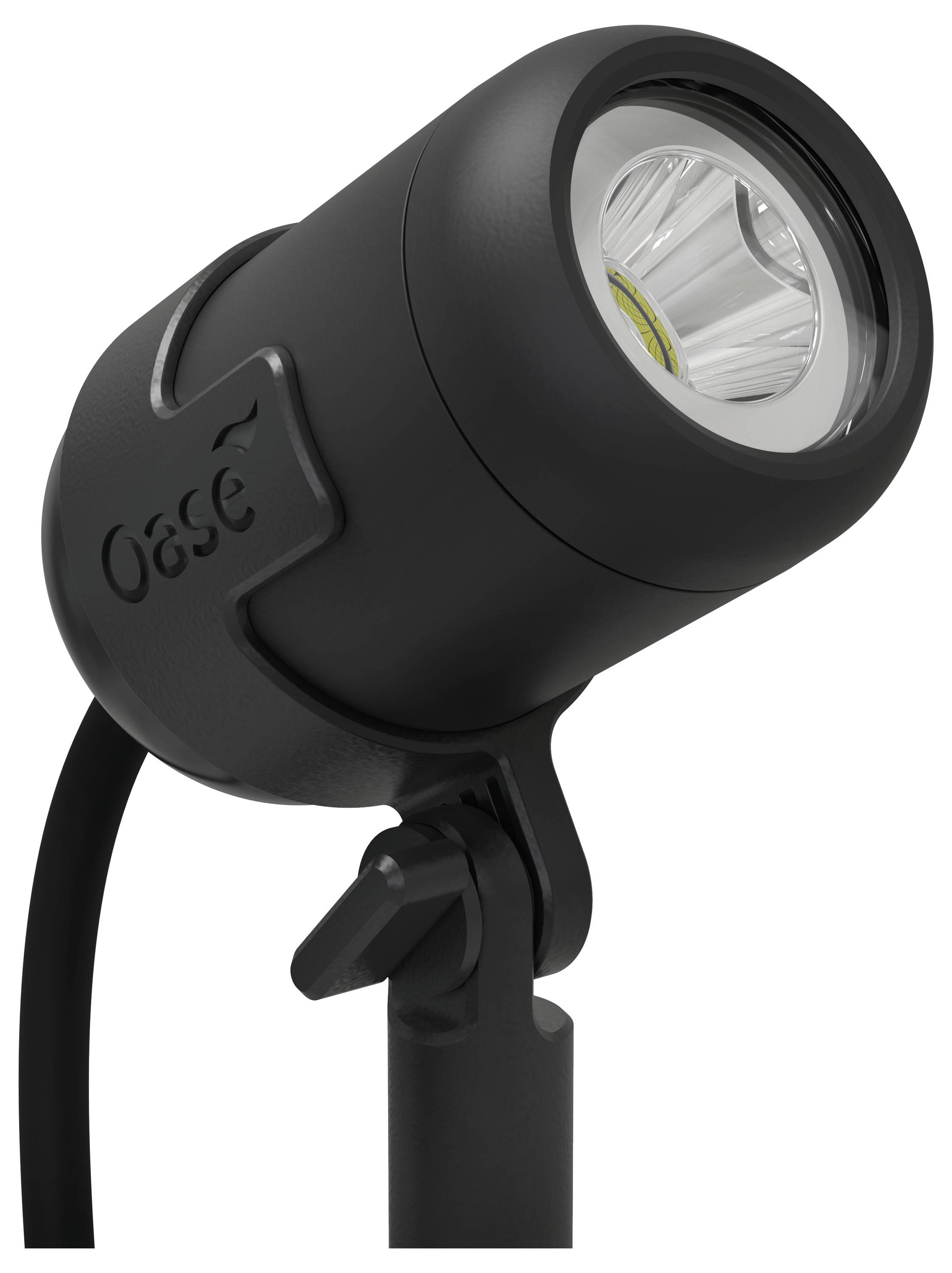 Eine schwarze Außenleuchte mit zylindrischer Bauweise, montiert auf einem Schwenkhalter. Der Markenname 'Oase' ist seitlich sichtbar.