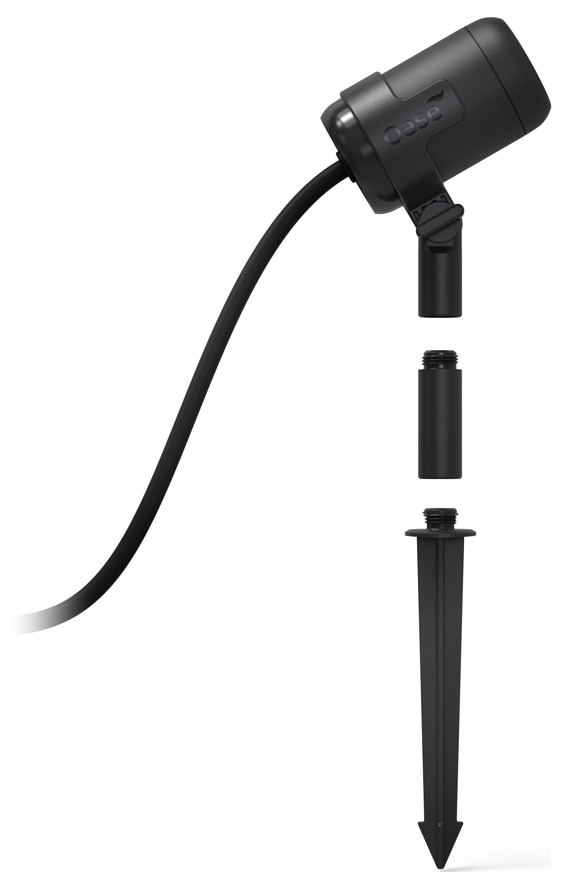 Das Bild zeigt einen schwarzen Außen-Strahler mit Erdspieß und einem Verbindungskabel, der für Garten- oder Landschaftsbeleuchtung konzipiert ist.