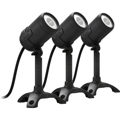 Drei schwarze LED-Scheinwerfer auf verstellbaren Ständern, in einer Reihe ausgerichtet, jeder mit angeschlossenem Netzkabel, für den Einsatz in Innen- und Außenbereichen konzipiert.