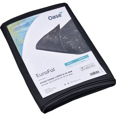 "EuroFol EPDM Teichfolie 0,75 mm" Verpackung von Oase, mit Produktabbildung und wasserbezogenem Design.