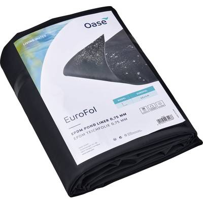 'EuroFol EPDM Teichfolie, 0,75 mm Stärke, von Oase. Gefaltete Folie mit Verpackung, die Produktinformationen und Firmenlogo zeigt.'