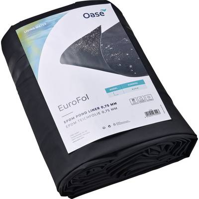 EuroFol EPDM Teichfolie, 0,75 mm Stärke von Oase. Etikett enthält Produktdetails und ein Bild der Folie im Einsatz mit Wasser.