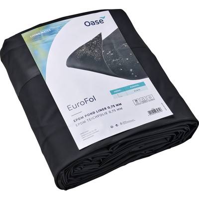 Ein Paket Oase EuroFol EPDM Teichfolie, 0,75 mm dick, zusammengefaltet präsentiert mit einem Etikett, das Produktdetails und Logos zeigt.