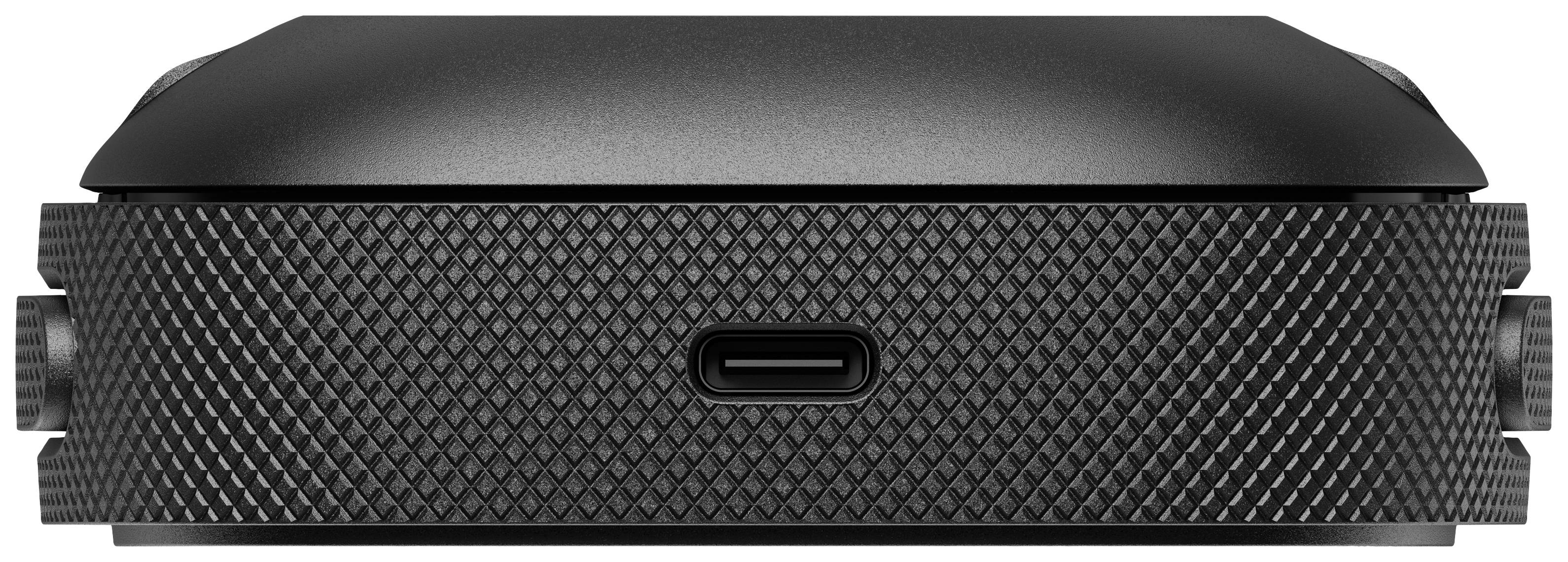Schwarzes, rechteckiges Gerät mit strukturiertem Rand und USB-C-Anschluss in der Mitte.