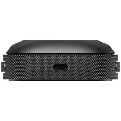 Schwarzes, rechteckiges Gerät mit strukturiertem Rand und USB-C-Anschluss in der Mitte.