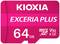 Eine rote KIOXIA microSD-Karte mit der Aufschrift 'EXCERIA PLUS'. Speicherkapazität: 64 GB, ideal für hochauflösende Videoaufnahmen.