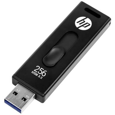 USB-Stick mit 256 GB Kapazität, USB 3.2 Standard und markantem schwarzen Design mit Logo und Schiebemechanismus zum Schutz des Anschlusses.