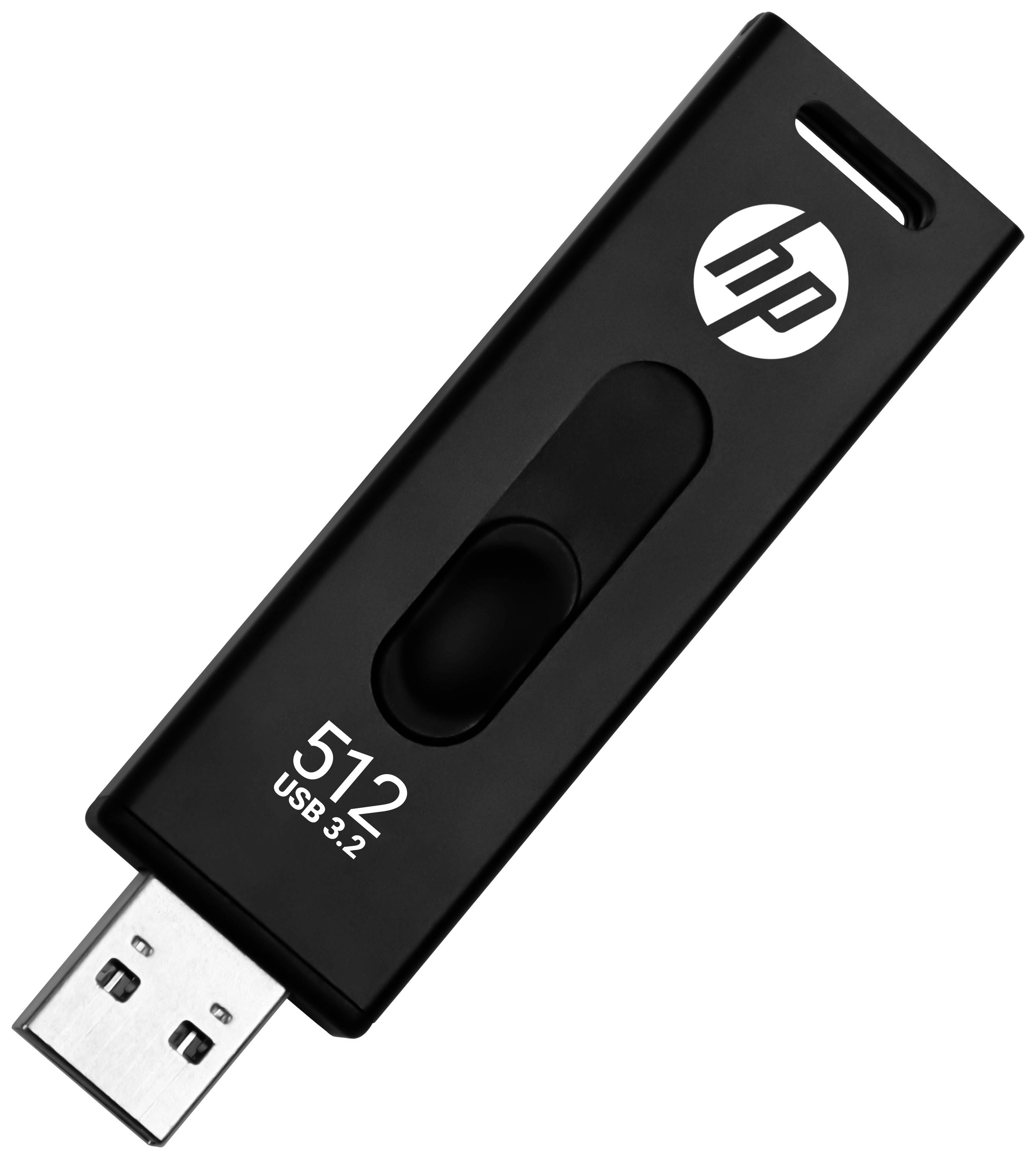 Ein schwarzer USB-Stick mit dem Logo einer bekannten Marke, Speicherkapazität von 512 GB, USB 3.2 Standard.