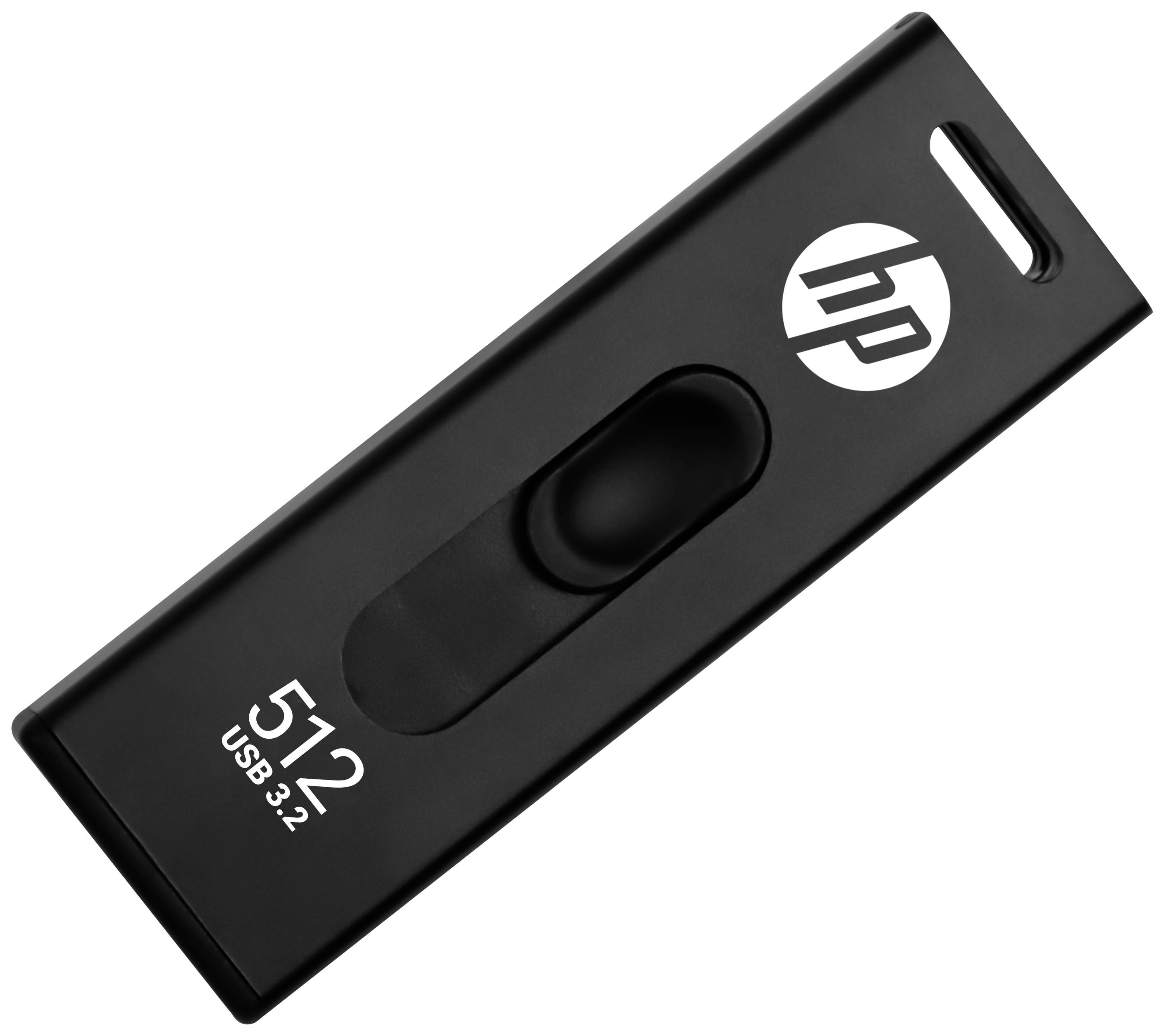 Ein schwarzer USB-Stick von HP mit 512 GB Speicherkapazität und USB 3.2 Anschluss.