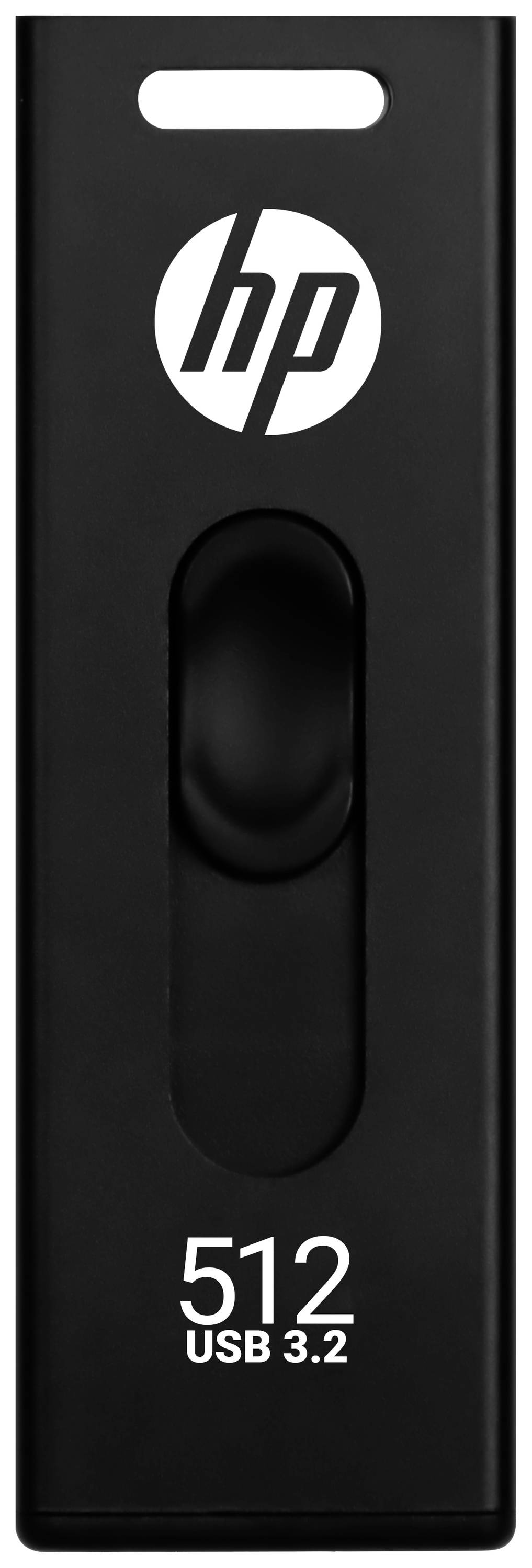 Ein schwarzer USB-Stick mit dem HP-Logo und der Beschriftung '512 USB 3.2'.