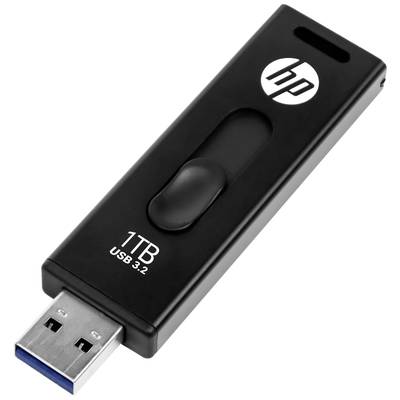 Schwarzer USB-Stick mit 1TB Speicher und USB 3.2 Anschluss, Markenlogo auf der Vorderseite.