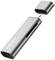 USB-C-Hub mit abnehmbarem Deckel, verfügt über USB- und Kartenleseranschlüsse. Silbernes, schlankes Design für vielseitige Konnektivität.