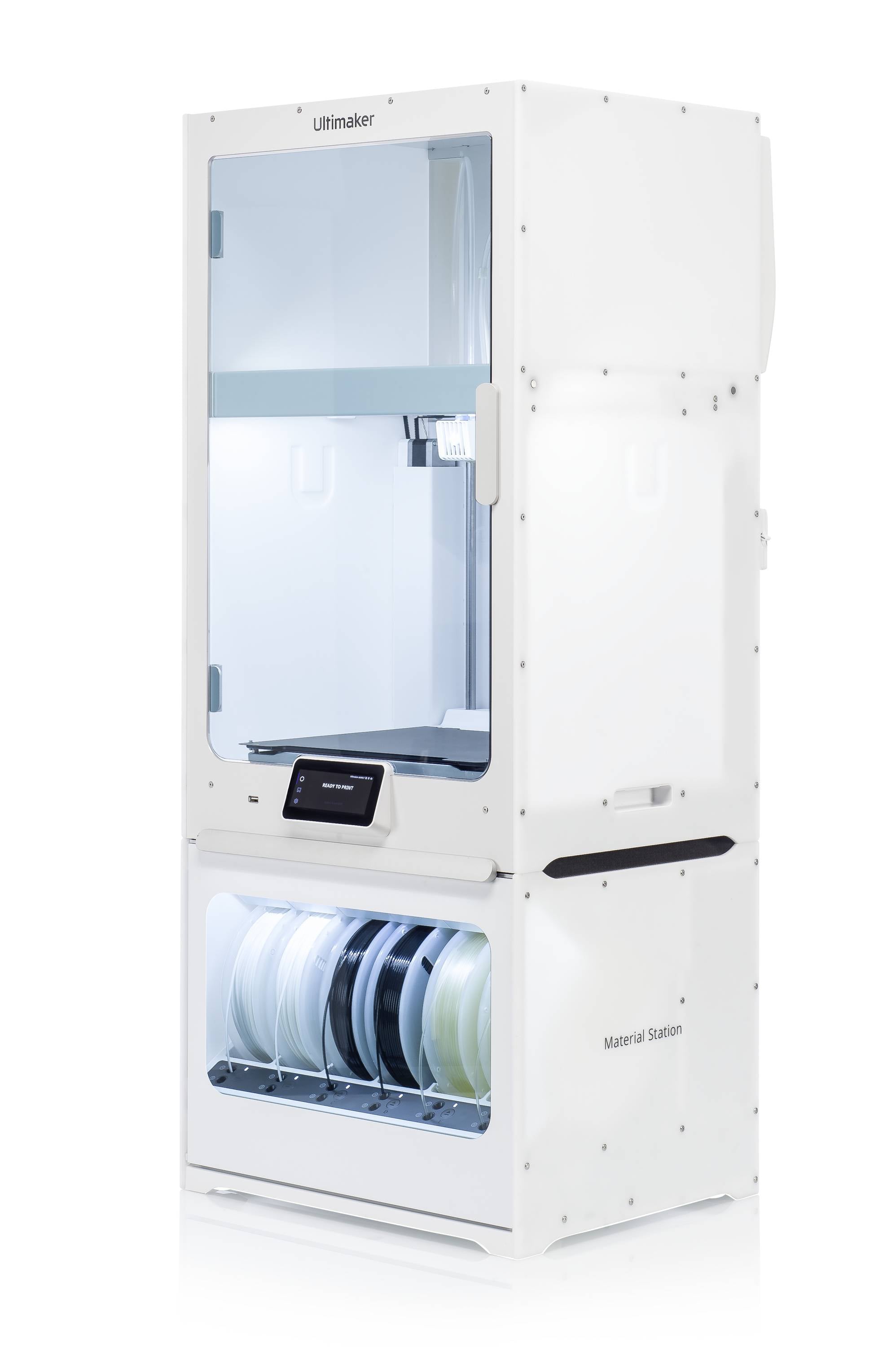 Ein weißer 3D-Drucker mit Materialstation unten, auf einer glatten, weißen Oberfläche platziert.