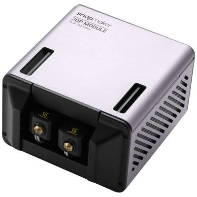 Ein 3D-Druck-Modul mit zwei Extrudern, rechteckig und silberfarben. Oberseite ist mit '3DP MODULE Dual Extrusion' beschriftet.