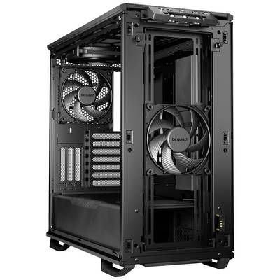 PC-Gehäuse in Schwarz mit Lüfter und Seitengittern abgebildet. Offenes Design zeigt Innenraum für Hardware-Installation.