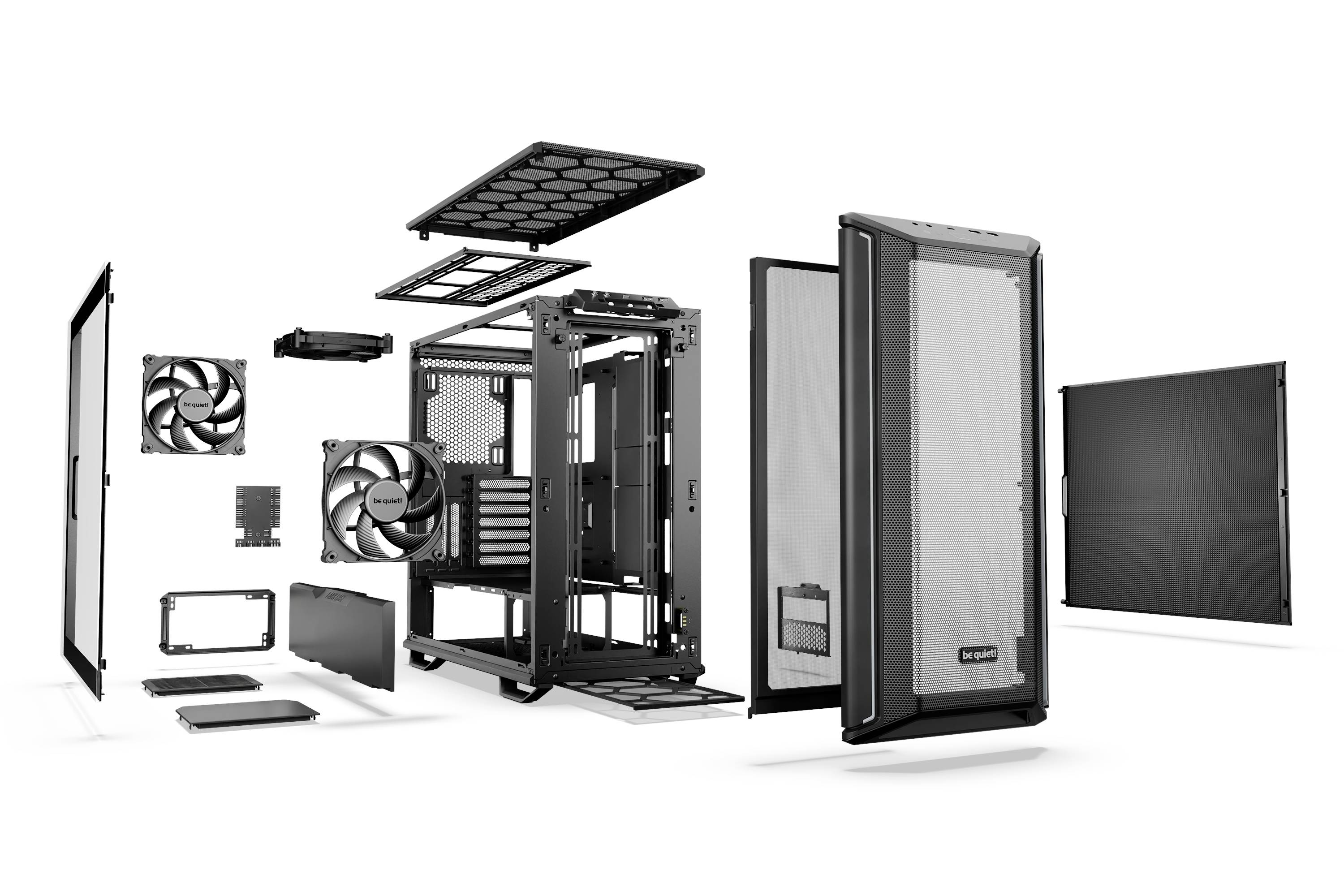 Explodierte Ansicht eines Computergehäuses mit abgesetzten Komponenten wie Lüfter, Seitenteile und Rahmen, zeigt innere Anordnung.