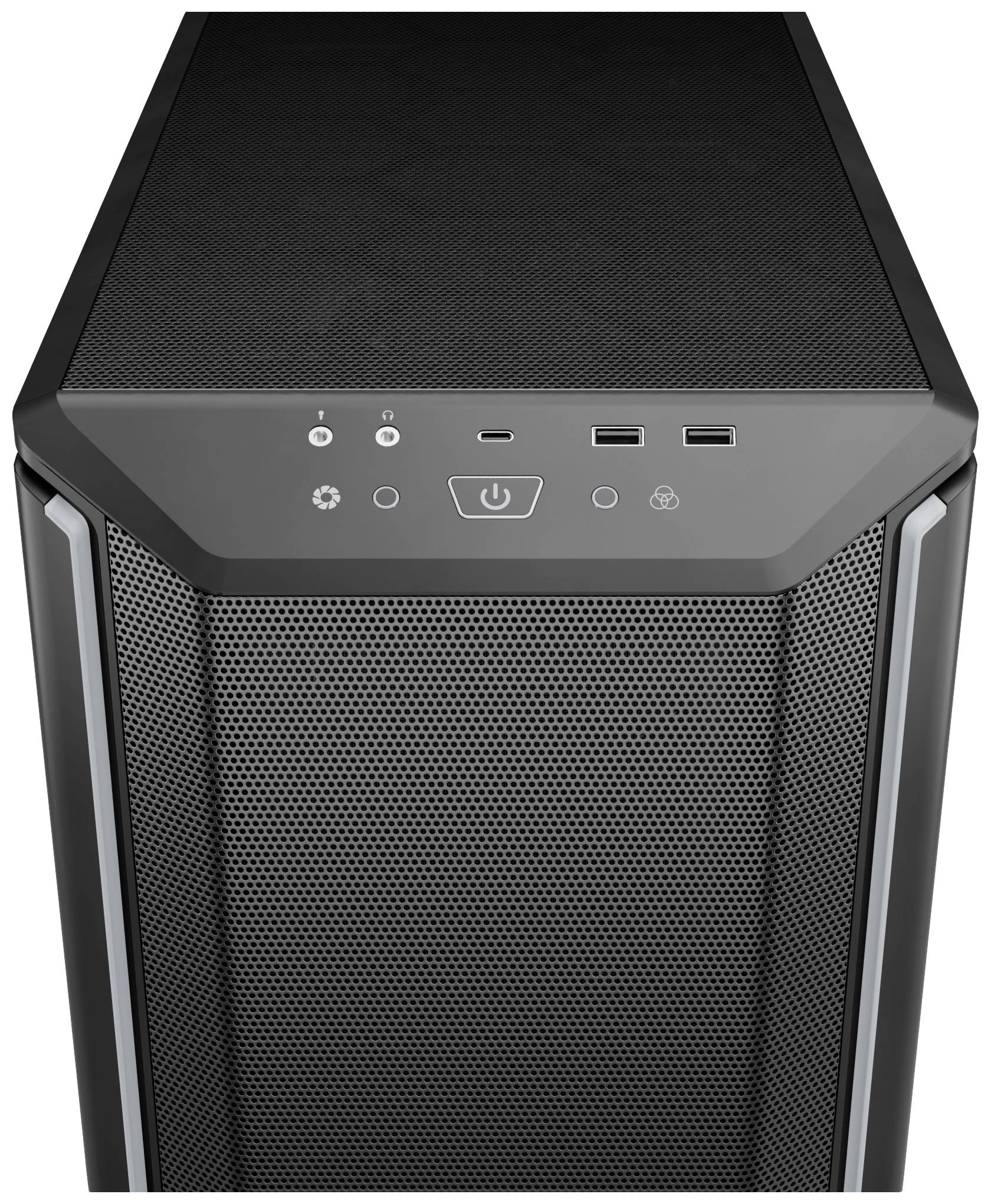 Gehäuse eines Desktop-Computers, schwarze Front mit Lüftungsgitter, obere Bedienelemente mit Netzschalter und mehreren Anschlüssen.