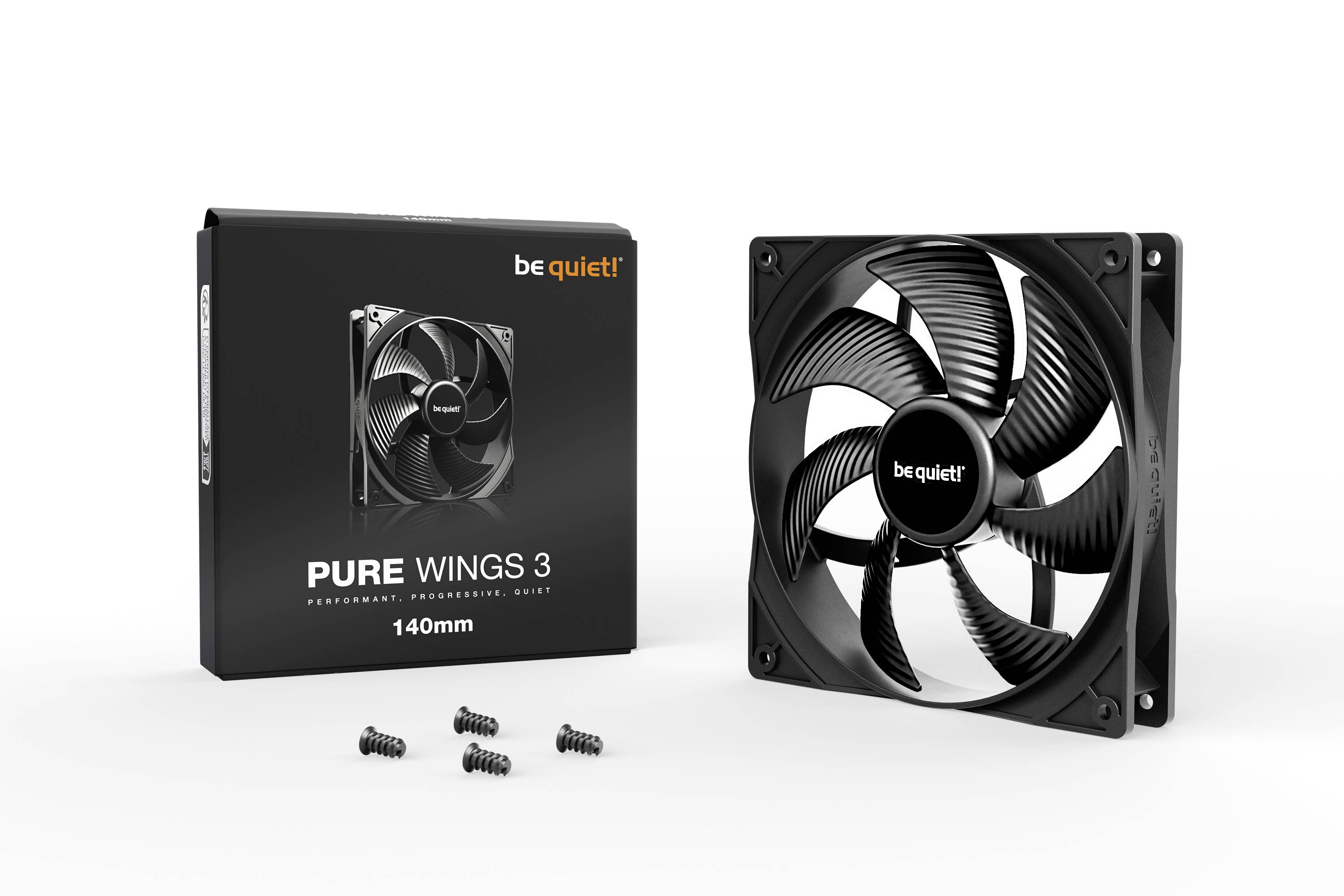 Lüfter von 'be quiet!' mit Verpackung und Montageschrauben, Modell 'PURE WINGS 3', Größe 140 mm. Ideal für Computerkühlung.