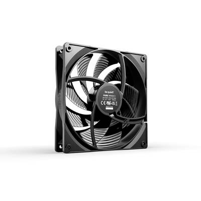 Ein schwarzer Computerlüfter der Marke be quiet! mit Aufschrift 'Pure Wings 2'; zeigt gekrümmte Rotorblätter in rechteckigem Rahmen.