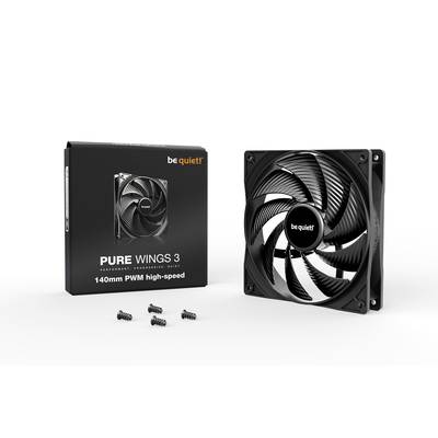 Schwarzer PC-Lüfter 'be quiet! Pure Wings 3' mit Verpackung und Schrauben, für 140mm PWM High-Speed-Kühlung.