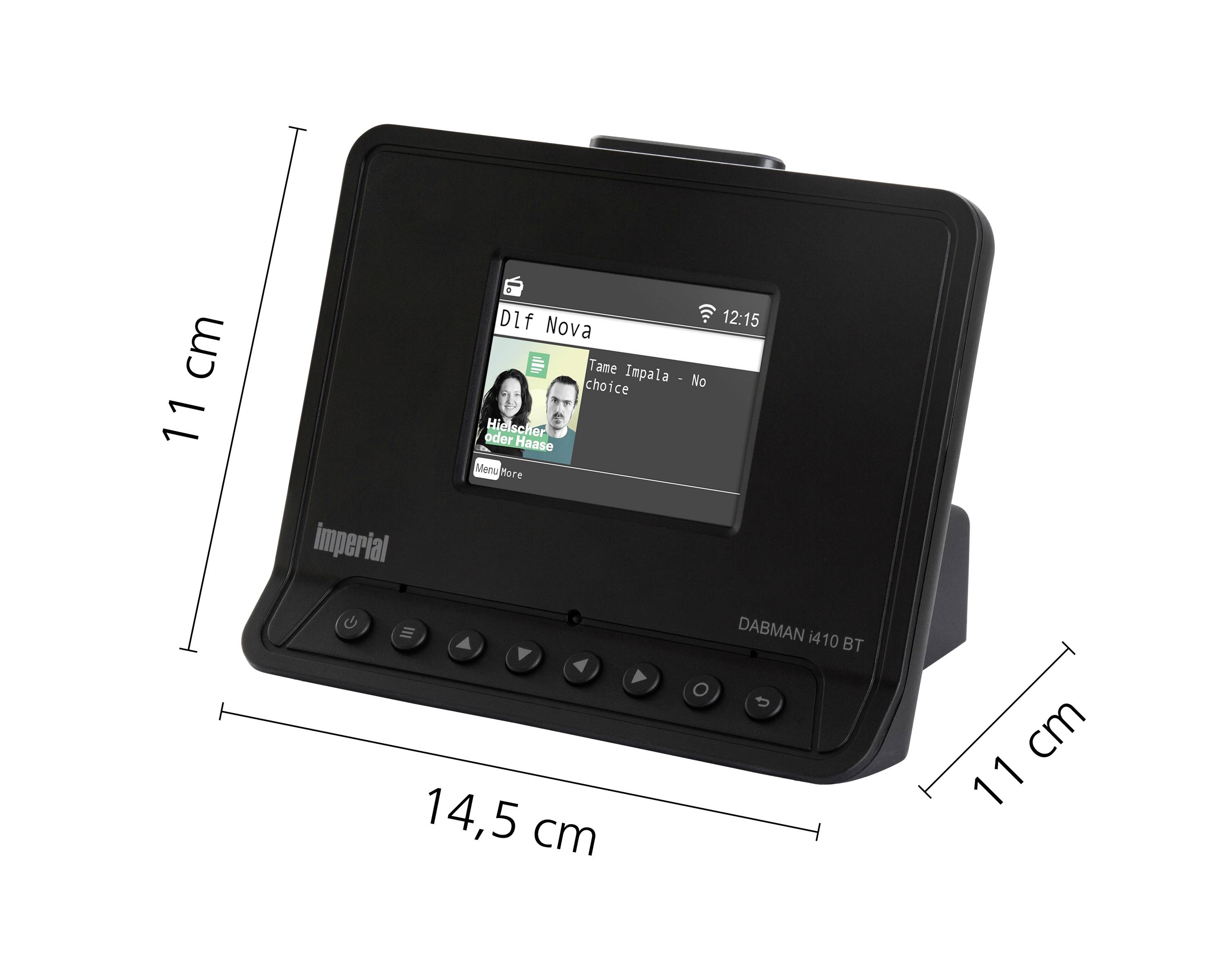 Ein schwarzes DAB-Radio mit einem Display, das einen Musiktitel anzeigt. Maße: 14,5 cm breit, 11 cm hoch und 11 cm tief.