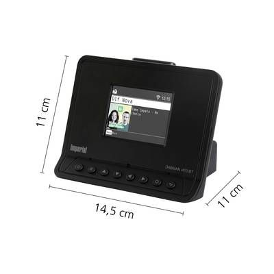 Ein schwarzes DAB-Radio mit einem Display, das einen Musiktitel anzeigt. Maße: 14,5 cm breit, 11 cm hoch und 11 cm tief.