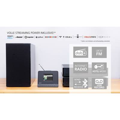 'Volle Streaming Power inkludiert' mit Logos von Musik-Diensten. Gerät mit Radio und USB-Optionen. Schwarzer Lautsprecher rechts.