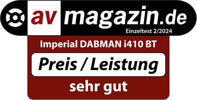 'Imperial DABMAN i410 BT' bewertet mit 'sehr gut' für Preis/Leistung; avmagazin.de Einzeltest 2/2024.