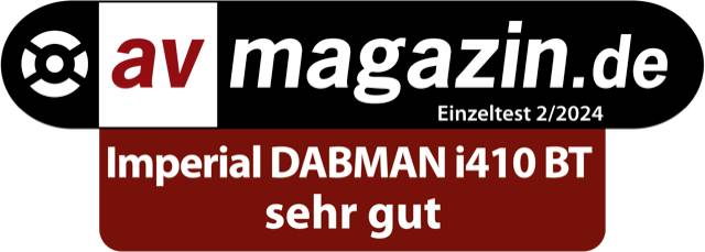 Anerkennungssiegel von 'av magazin.de', Einzeltest 2/2024, bewertet Imperial DABMAN i410 BT mit der Note 'sehr gut'.