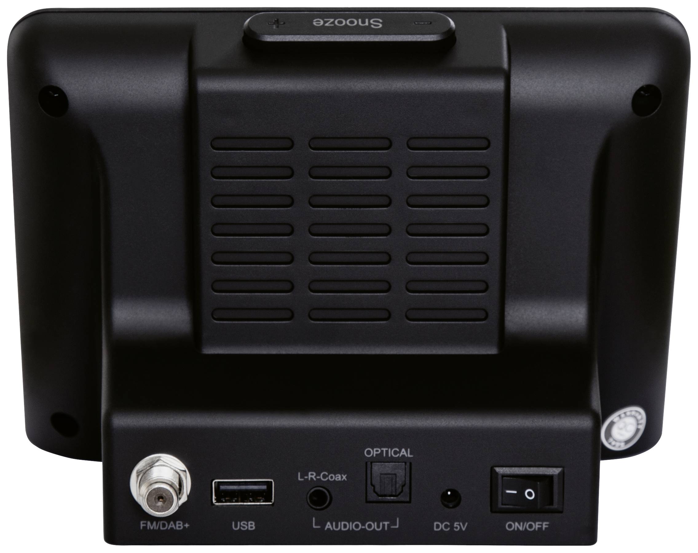 Das Bild zeigt die Rückseite eines schwarzen tragbaren Radios oder Lautsprechers mit verschiedenen Anschlussmöglichkeiten wie USB, FM/DAB+, optischem Eingang, Audioausgang und Netzschalter.