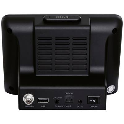 Das Bild zeigt die Rückseite eines schwarzen tragbaren Radios oder Lautsprechers mit verschiedenen Anschlussmöglichkeiten wie USB, FM/DAB+, optischem Eingang, Audioausgang und Netzschalter.