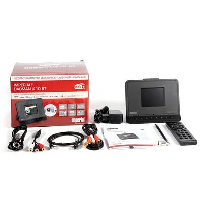 'IMPERIAL DABMAN i410 BT' Paket-Inhalt: Adapter, Fernbedienung, Netzteil, Kabel, Handbuch. Adapter zur Hifi-Anlage-Aufrüstung.