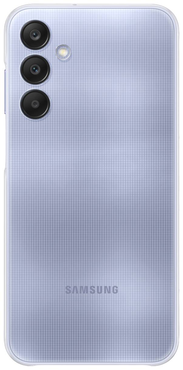 Rückansicht eines silberblauen Smartphones mit drei Kameras und einem LED-Blitz oben links, Markenname unten.