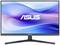 Ein ASUS Monitor mit einem schwarzen Rahmen und einem schlichten Ständer zeigt ein Hintergrundbild mit blauen und violetten Wellen.