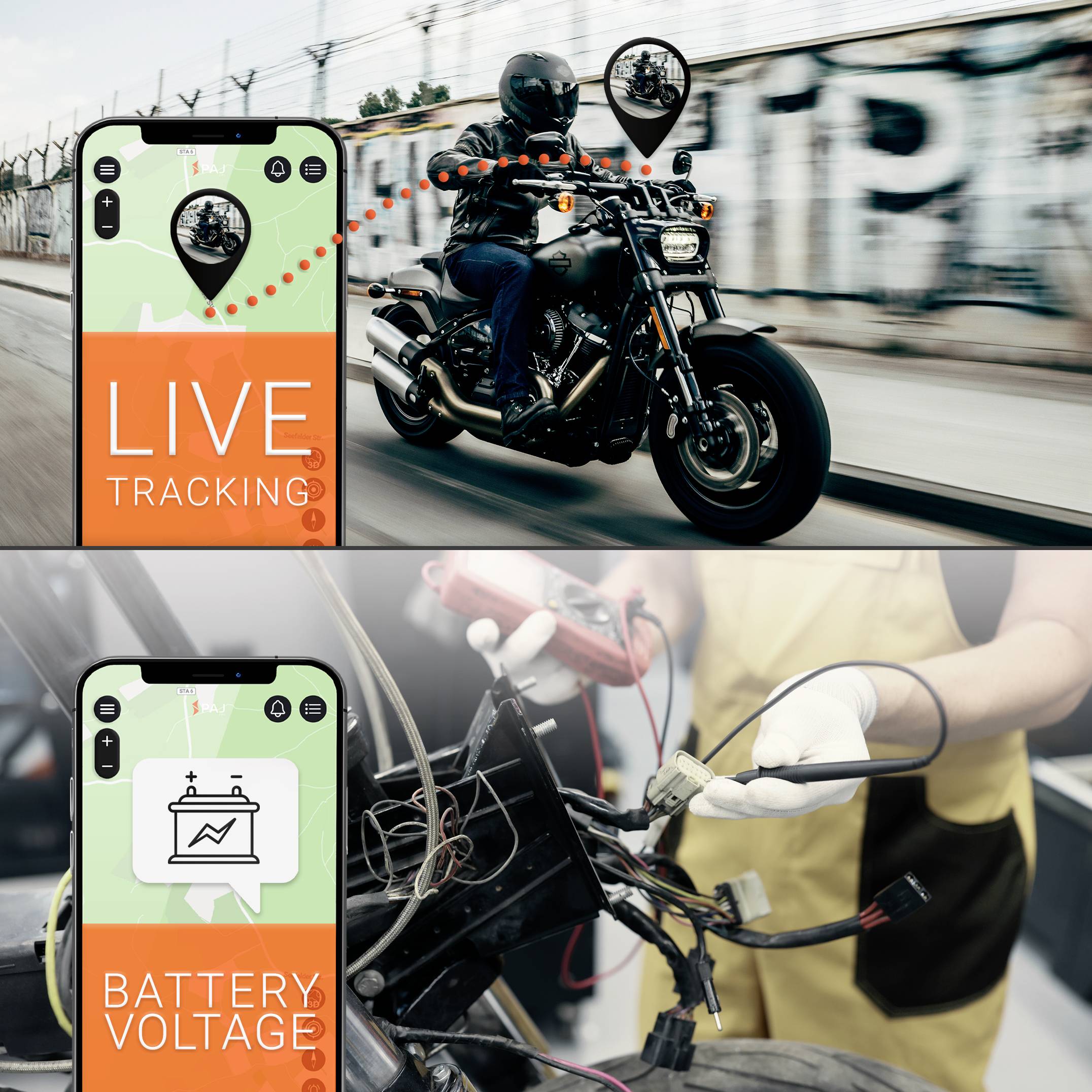 'Tracking' zeigt ein Motorrad auf einem Handybildschirm neben einem Motorradfahrer. 'Battery Voltage' zeigt eine Batterieanalyse.