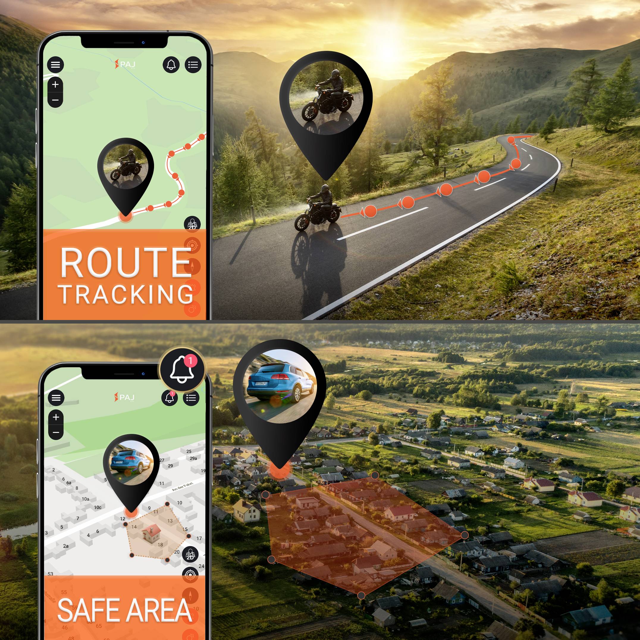 Ein Motorradfahrer bei Sonnenuntergang auf einer kurvigen Straße, begleitet von Mobiltelefonbildern, die Routen- und Sicherheitszonen-Tracking zeigen.